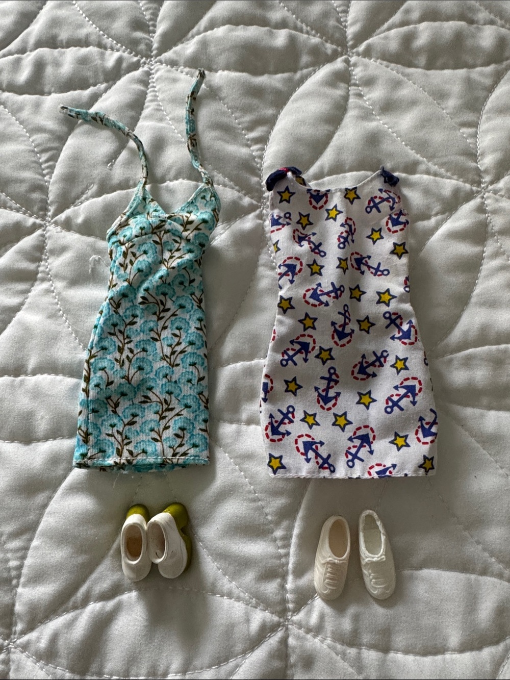 Barbie Aqua Floral Halter Dress & Nautical Anchor Dress with White Sneakers